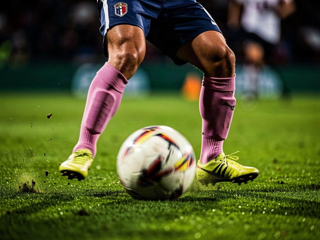 Close-up of football player legs dribbling ball on pitch