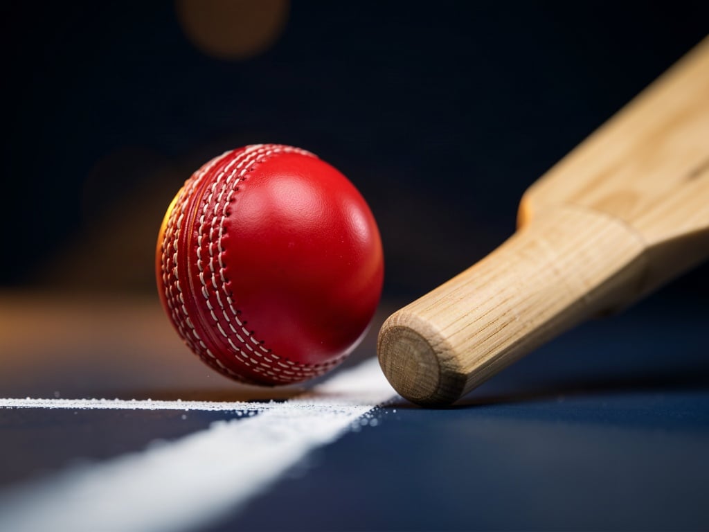Minge roșie și bâtă de cricket pe linia de margine, într-un cadru editorial fără persoane