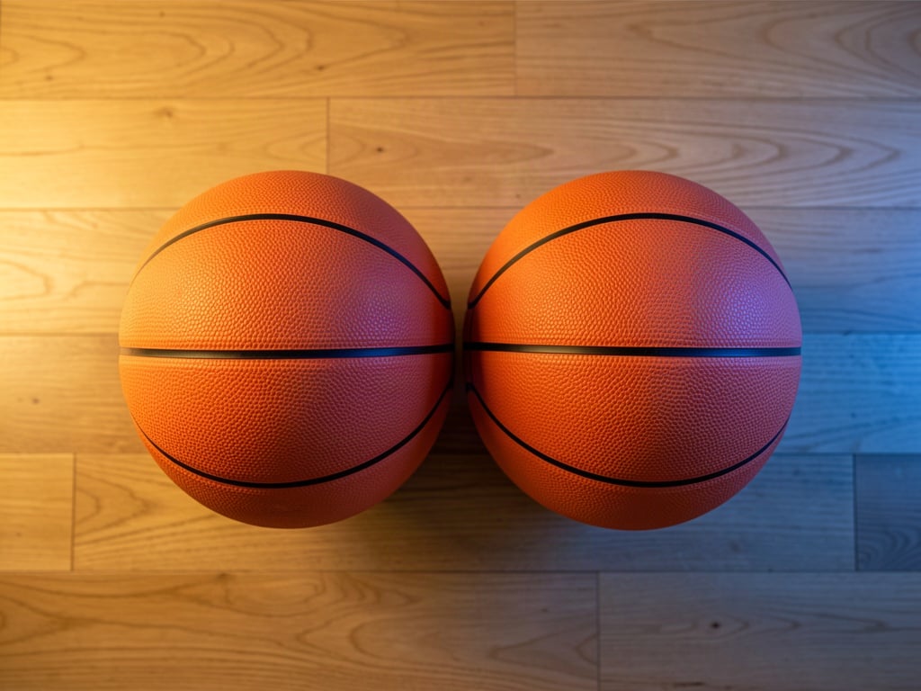 Două mingi de baschet neinscripționate pe o podea din lemn, în lumină caldă și rece, simbolizând doi sportivi