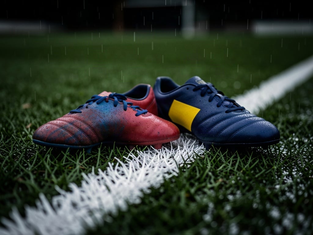 Două ghete de fotbal fără însemne, pe o linie albă, în ploaie
