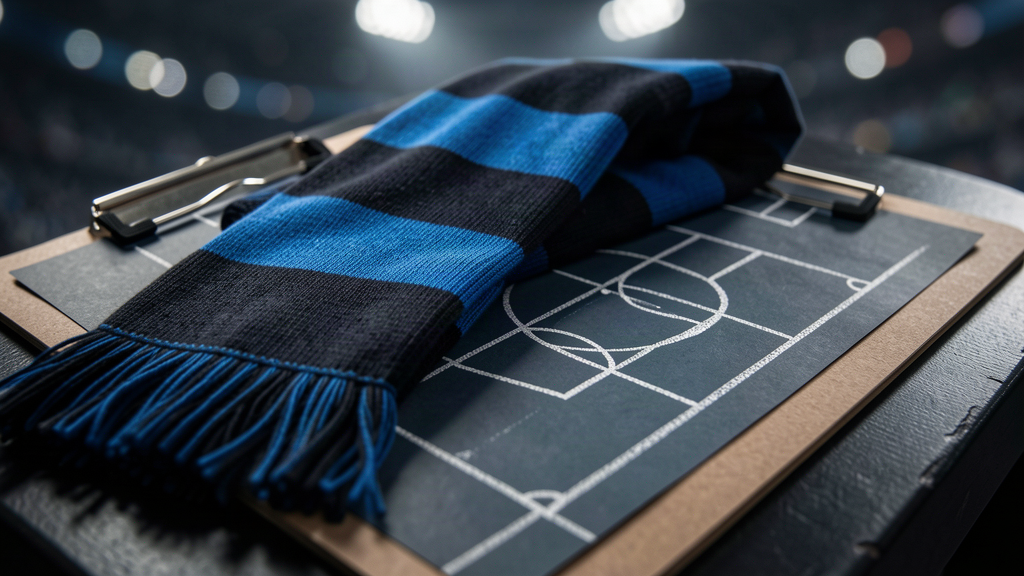 Eșarfă în culorile nerazzurre pe o tablă tactică, imagine editorială despre echilibrul defensiv al lui Inter