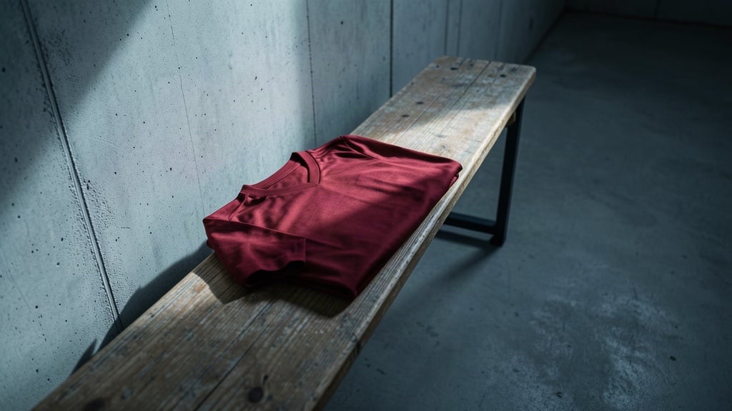 Tricou roșu fără însemne pe o bancă într-un tunel de stadion gol