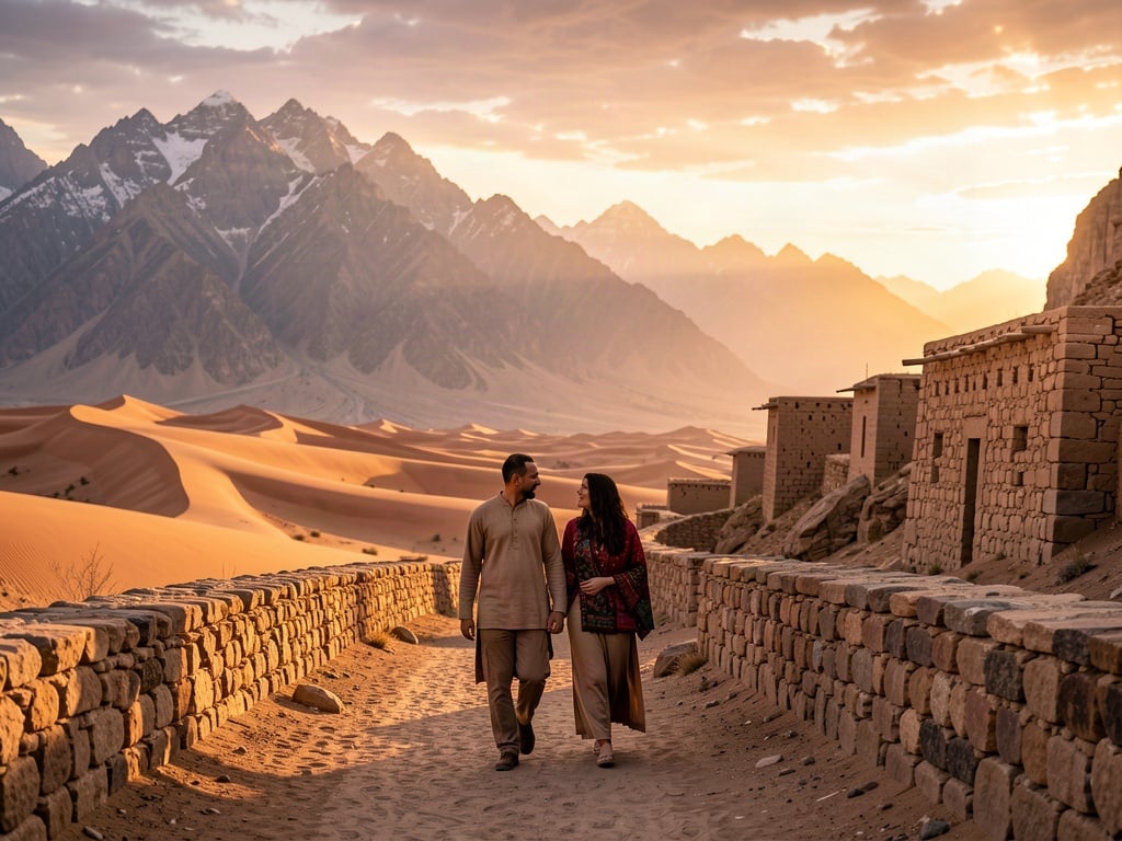 Cuplu calatorind pe Drumul Matasii in Asia, peisaj muntos la apus