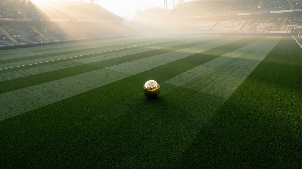 Trofeu auriu pe terenul unui stadion gol, pentru articolul despre victoria lui Harry Kane la Balonul de Aur 2026.