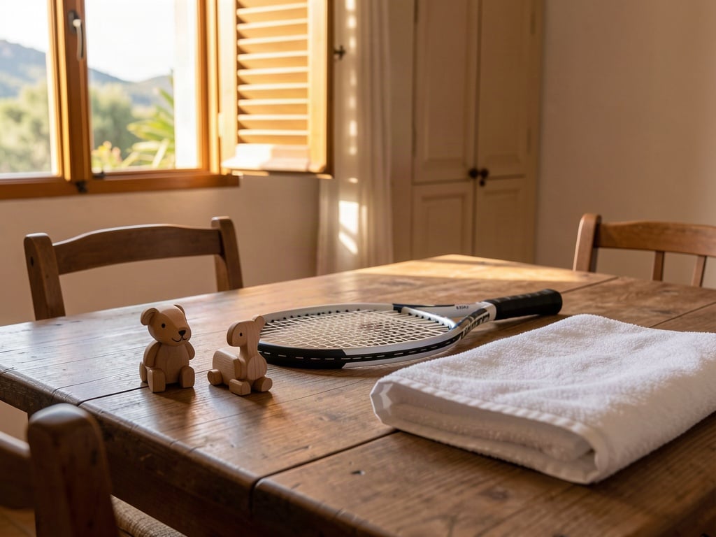 Rachetă de tenis și jucării din lemn într-un decor familial mediteranean