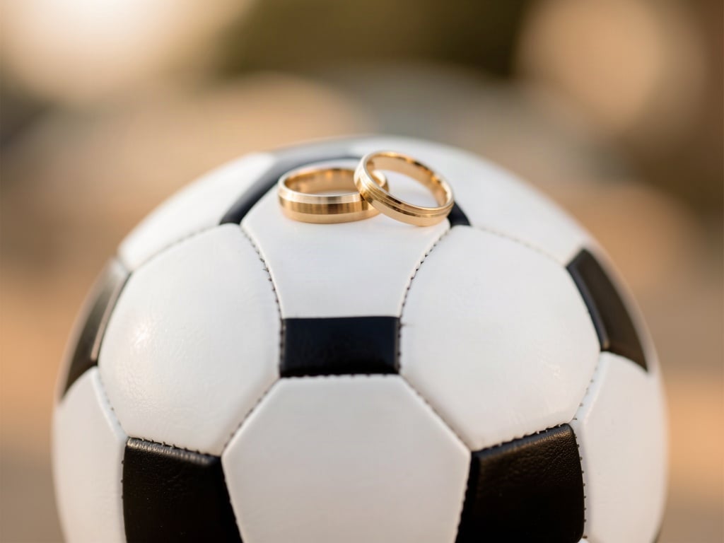 Inele de casatorie pe o minge de fotbal traditionala