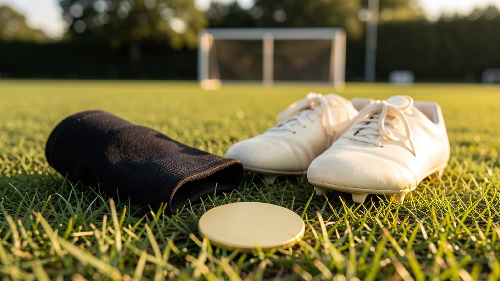 Ghete de fotbal, orteza de genunchi si medalie pe marginea unui teren, pentru articolul despre Alexia Putellas.