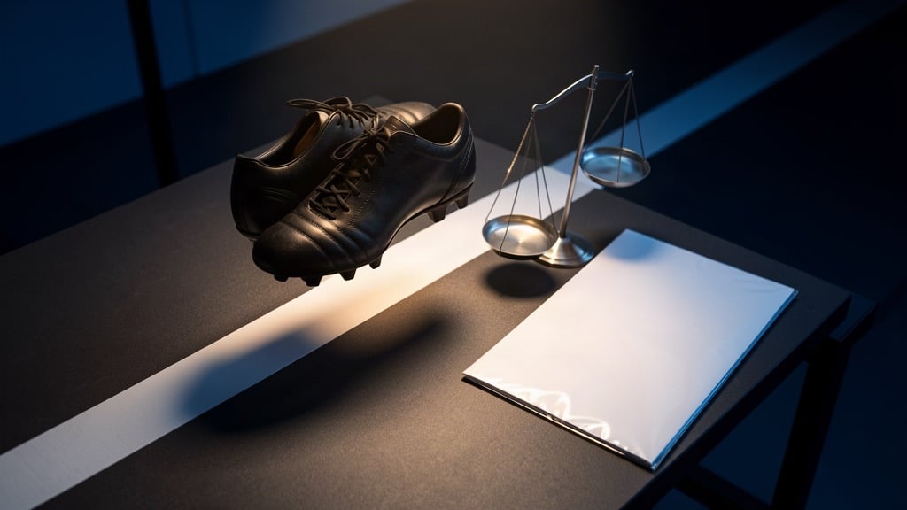 Gheată de fotbal lângă o balanță și un dosar simplu, imagine editorială despre suspendarea lui Roger Junio