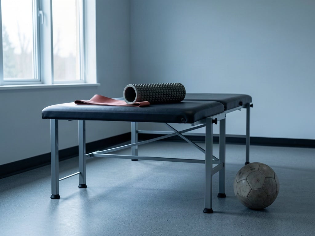 Sală de recuperare goală, cu rolă de masaj și minge de fotbal lângă o masă de tratament