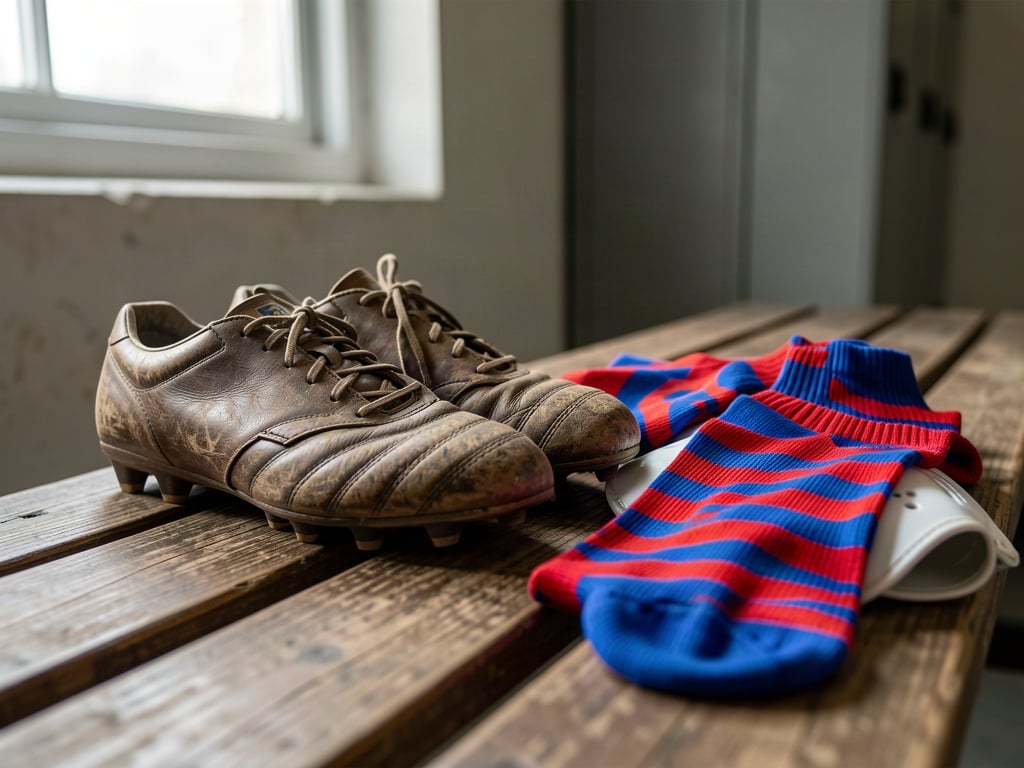 Ghete de fotbal folosite, jambiere și apărători pe banca vestiarului