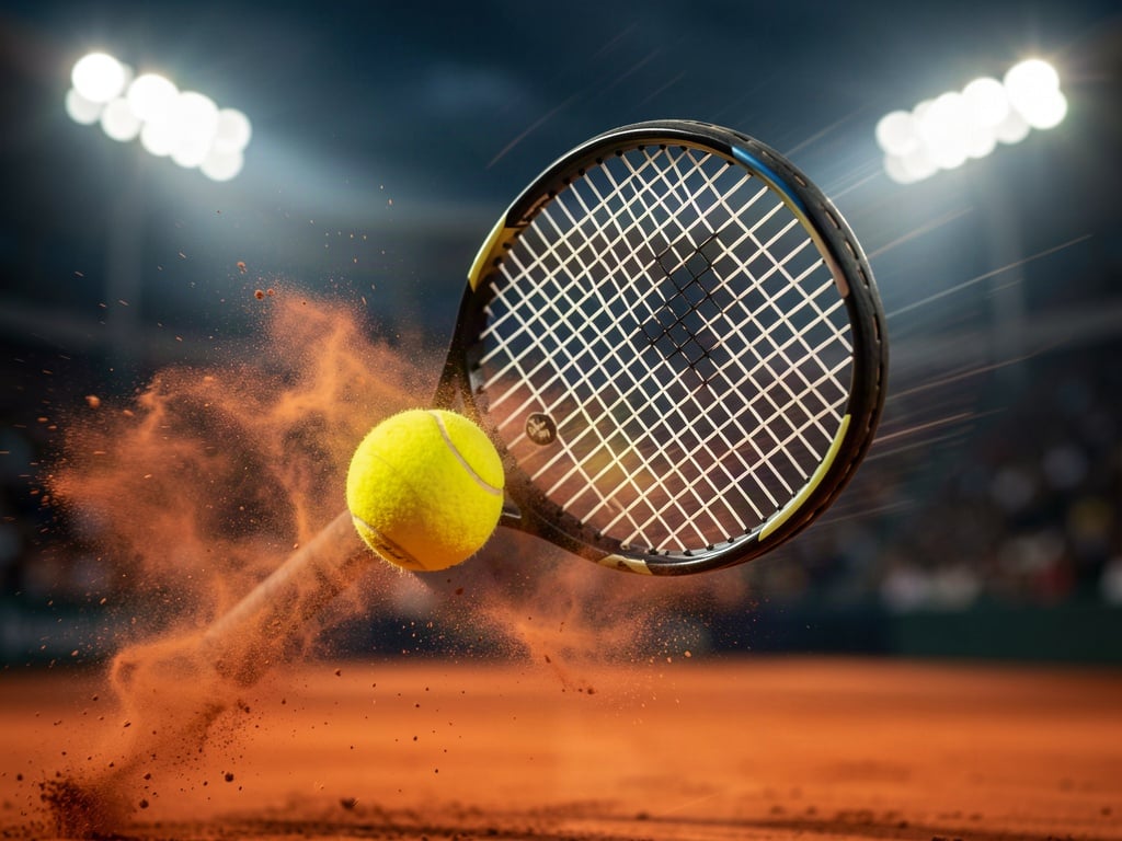 Rachetă și minge de tenis surprinse în momentul impactului, pe un teren de zgură
